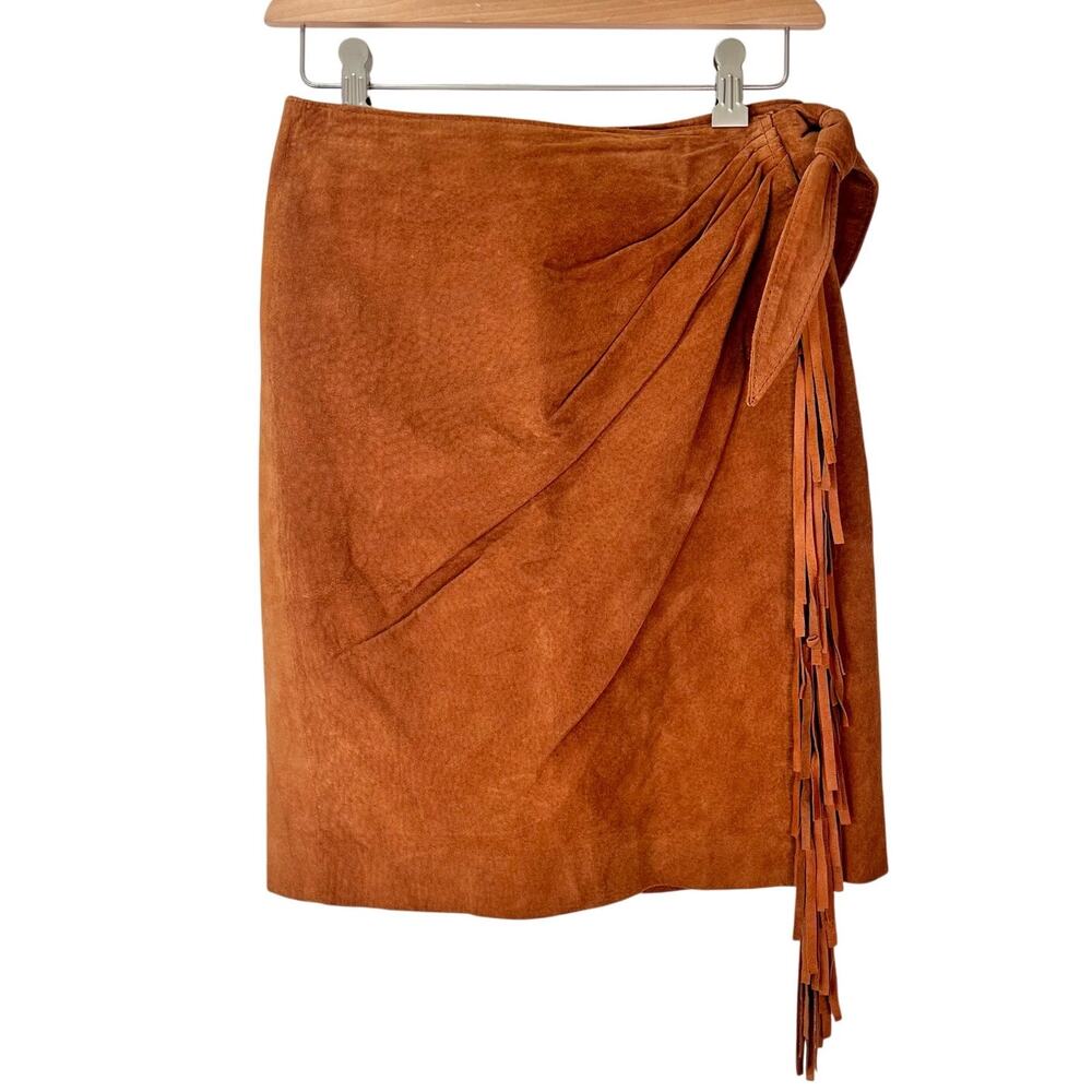 Vintage 80s Suede Leather Wrap Skirt with Fringe STUDIO Sz 8 Natural Brown Mini